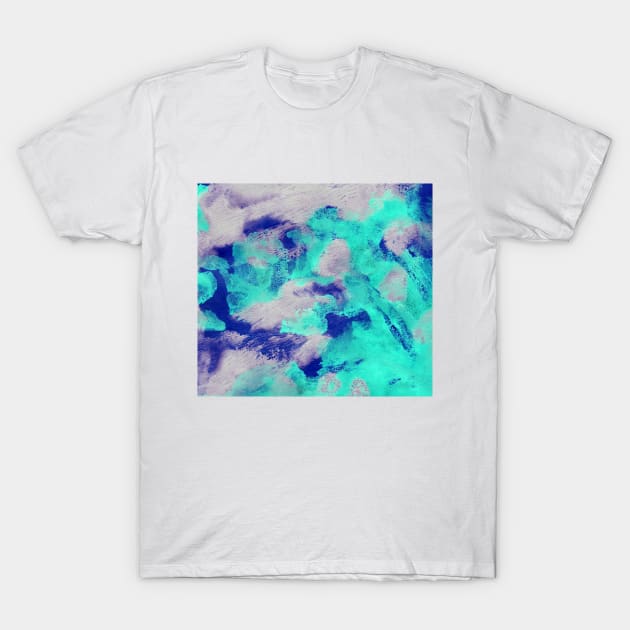 Abstract colorful background with hand-painted frozen texture. Watercolor blue-turquoise-grey painting with splashes, drops of paint, paint smears. Design for the fabric, wallpaper, cover, packaging. T-Shirt by Olesya Pugach